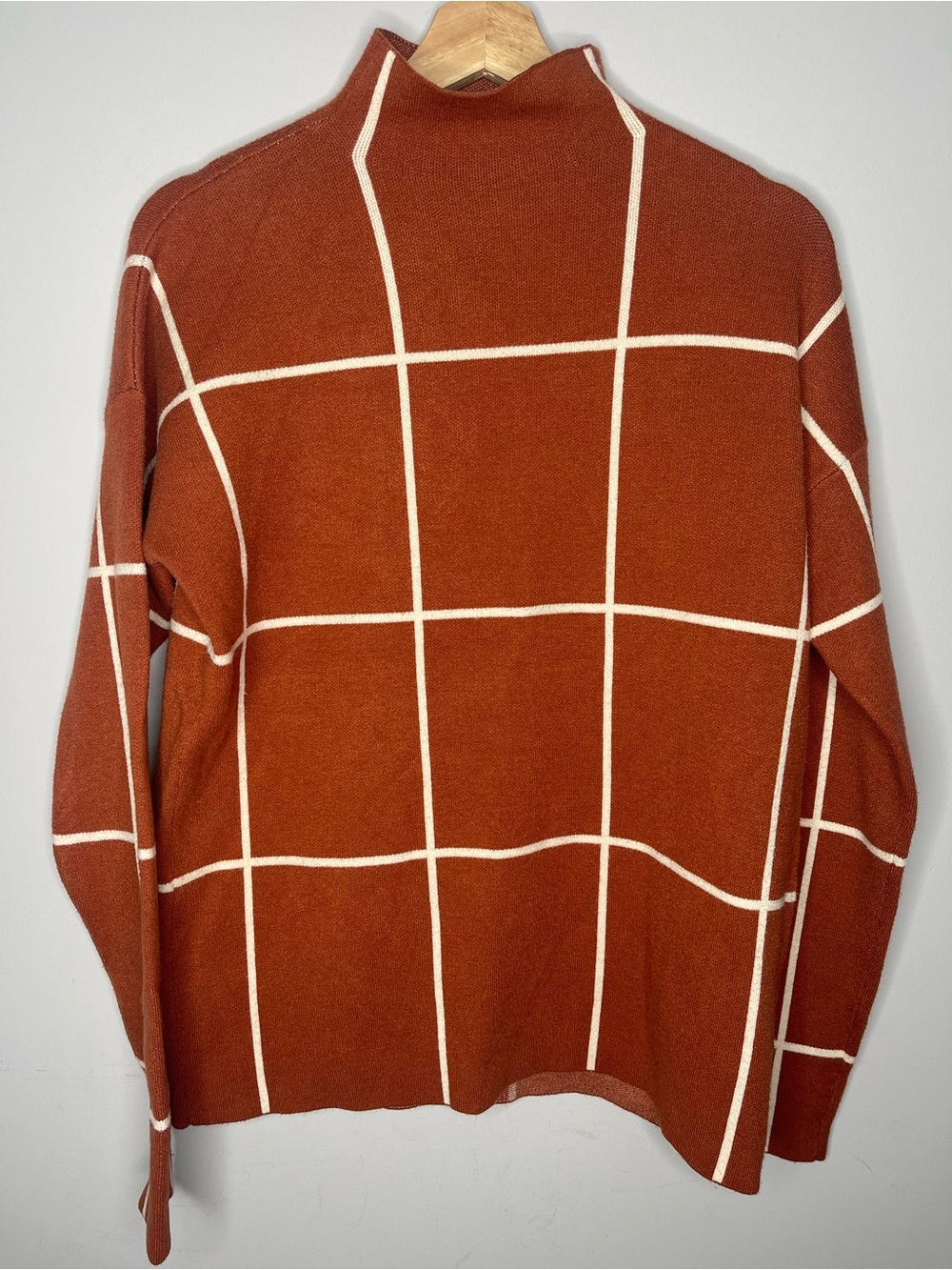 Cynthia Rowley Rust Orange Windowpane Grid Plaid Mock Neck Sweater (Medium)